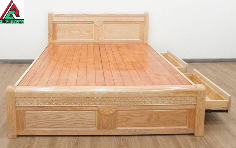Giường gỗ sồi GN41 màu trắng kem hộp kéo dạt phản