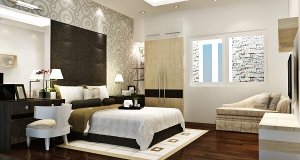 Phòng ngủ bán cổ điển thích hợp với những gia chủ lớn tuổi với bố trí sofa đọc sách, hệ tủ kệ tông màu tối, ánh sáng vừa phải tạo nên tông màu chủ đạo trầm ấm.