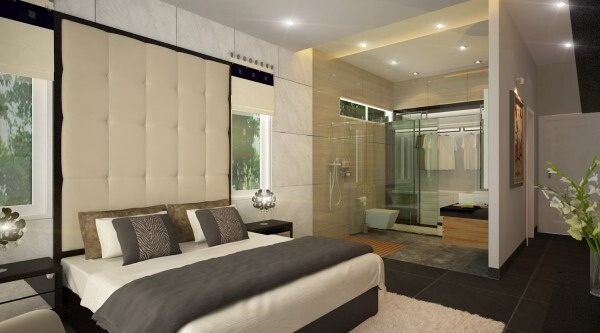 Phòng ngủ phong cách bán cổ điển với phòng tắm một vách trong, bàn trang điểm trên nền tông màu chủ đạo trắng xám trung tính, hiện đại.