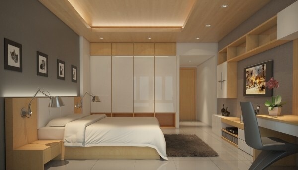 Phòng ngủ master màu nâu sáng là chủ đạo với hệ tủ, kệ tivi và bàn trang điểm. Đây là tông màu trung tính tạo cho cả không gian một cảm giác trầm và thoáng.