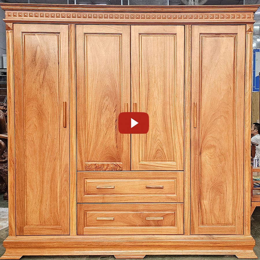 Tủ Quần Áo 3 Buồng Gỗ Gõ Đỏ Hiện Đại 