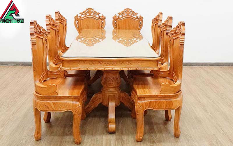 Bộ Bàn Ăn Gỗ Gõ Đỏ 8 Ghế Nguyên Khối BA31