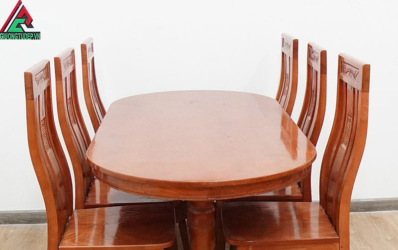 Bàn ăn gỗ sồi BA08 kiểu 6 ghế oval mặt liền, màu cánh gián xoan đào