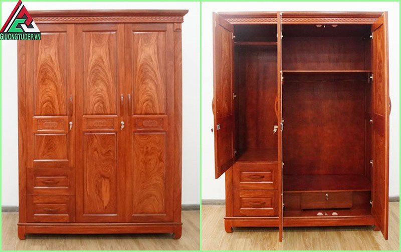 Tủ quần áo gỗ hương đá 3 cánh 2 buồng