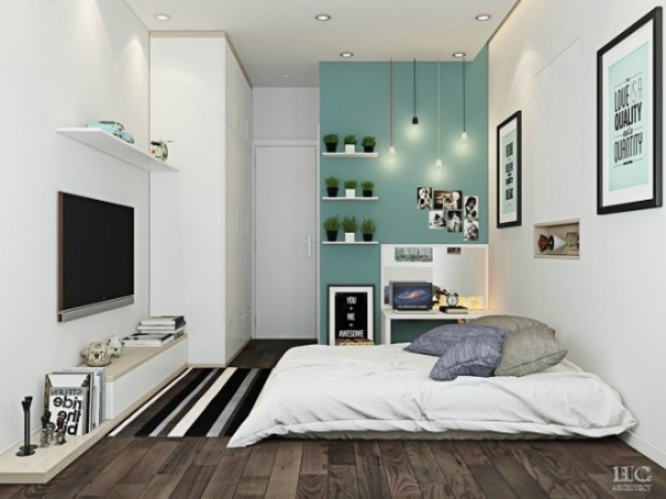 Phòng ngủ trang nhã bao gồm với tông màu xanh ngọc-trắng kết hợp với sàn gỗ mộc.