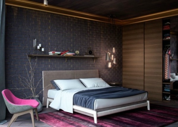 Nếu cần một lựa chọn mang tính ấn tượng, hãy quan sát phòng ngủ của căn hộ này từ Alex Koretskiy. Độ tương phản của màu hồng đáng yêu với sắc tối trầm của bức tường và nội thất, tạo ra một sự tinh tế cho giấc ngủ trong thành phố.