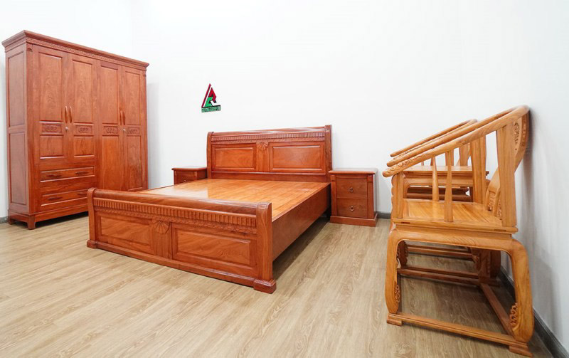 Cách bố trí nội thất giường, tủ, táp đầu giường, bàn trà gỗ hương đá trong combo phòng ngủ CB56
