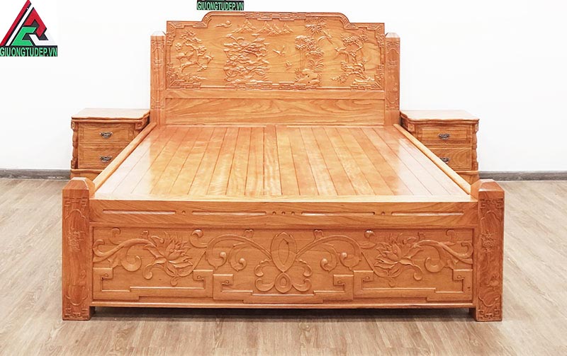 Mẫu giường ngủ gỗ gõ đỏ GN78 kiểu đục tứ quý dạt phản