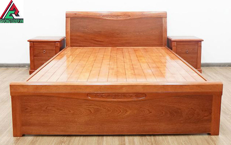 Mẫu giường gỗ xoan đào GN27 dạt phản kiểu bầu, màu nâu cánh gián phù hợp với các khách hàng yêu thích sự đơn giản, năng động