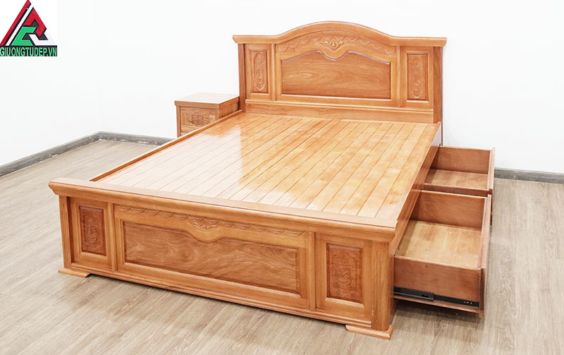 Giường ngủ gỗ đinh hương cổ điển có hộc kéo