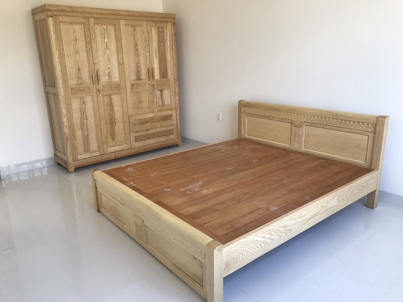 Giường gỗ sồi GN92 và tủ quần áo gỗ sồi TA06 cho phòng ngủ 2