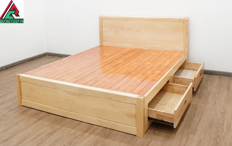 Giường gỗ sồi GN93 hộp kéo trắng kem dạng trơn dạt phản