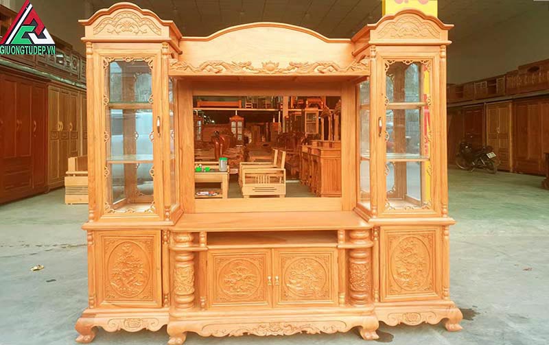 Kệ tivi gỗ gõ đỏ cổ điển kết hợp bàn thờ và tủ rượu