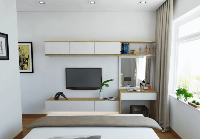 Nên chọn bàn trang điểm có kích thước phù hợp với diện tích và đảm bảo sự thông thoáng trong căn phòng ngủ